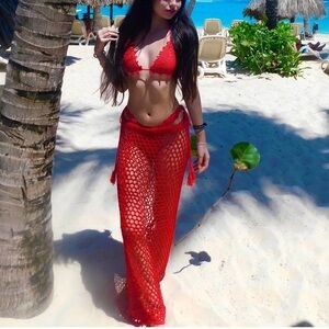 Mars the Label Red Crochet Bikini and Coverup Xs